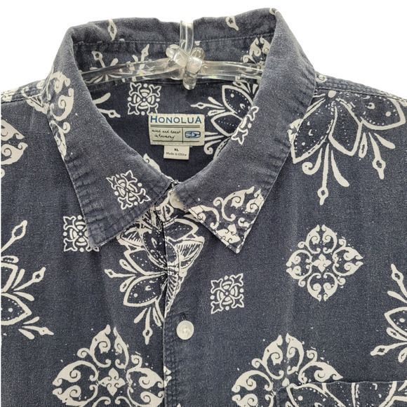 HP Honolua Gray White Floral Linen Short Sleeve Button Up Hawaiian Casual Shirt - Picture 4 of 13